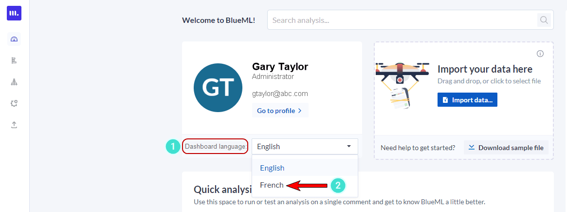 This screen displays the location of the feature to access the French dashboard UI.