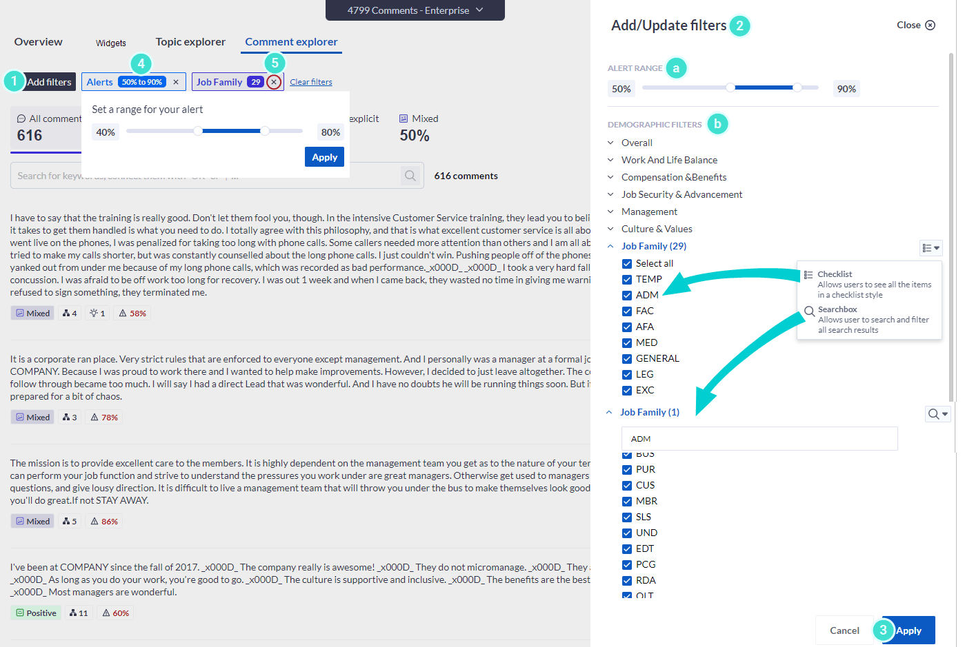 Comment explorer - filter settings