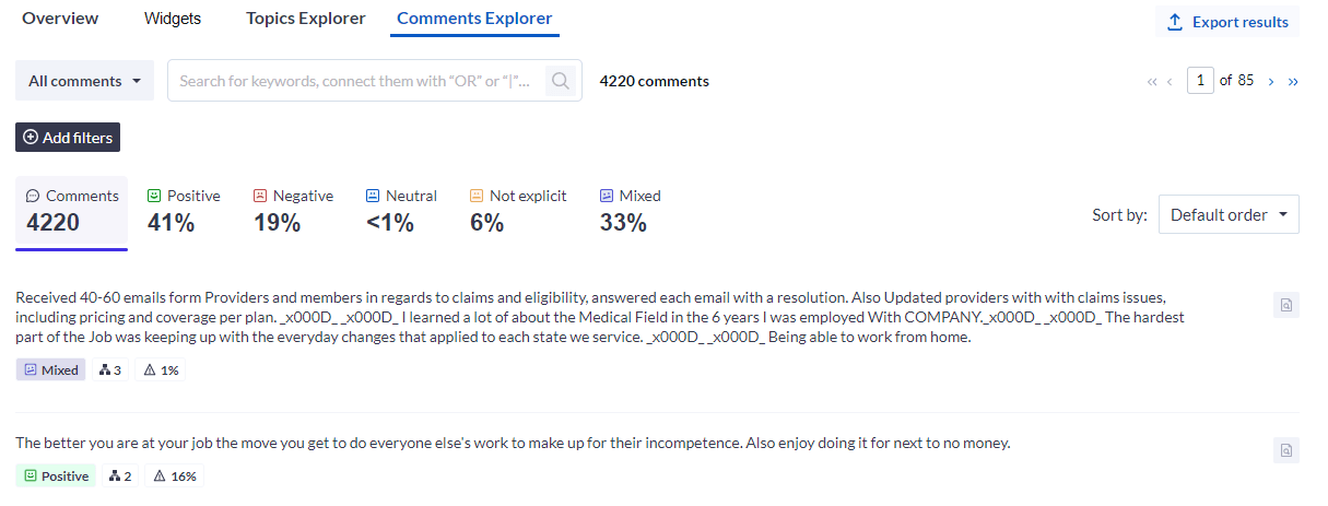 This screen lists the analyzed comments and displays the total comments, and sentiments as headers.