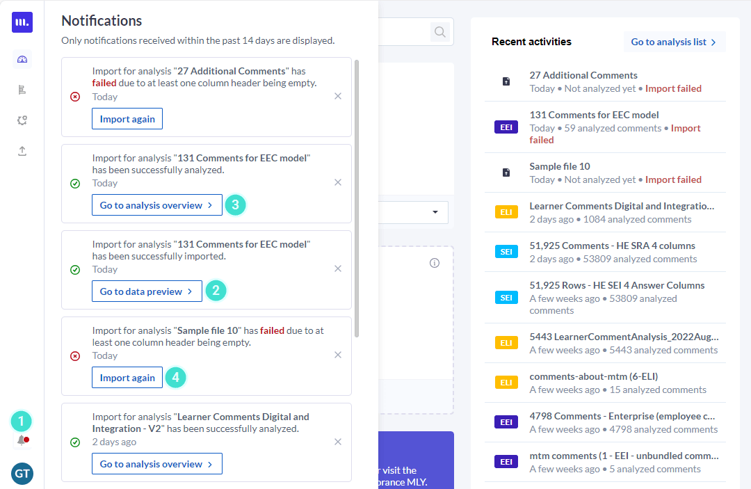Notification center - list of sample messages