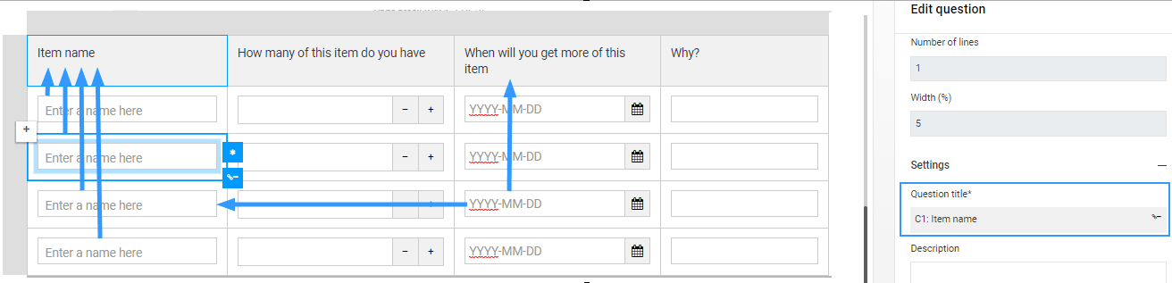 Bind a question to a title in a grid with numbers