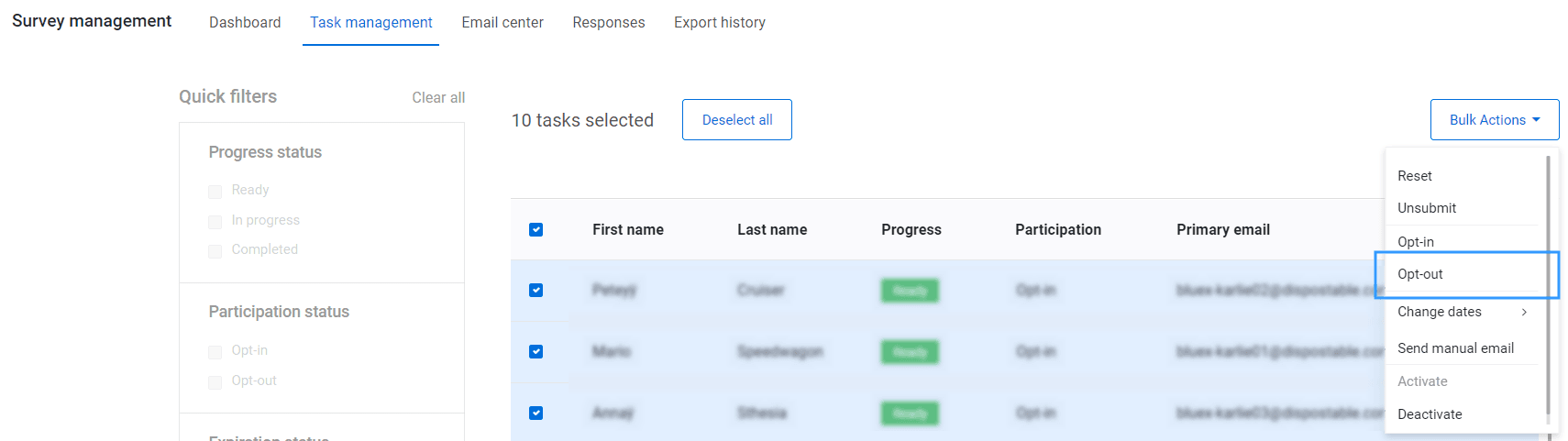 Opt-out bulk drop-down menu
