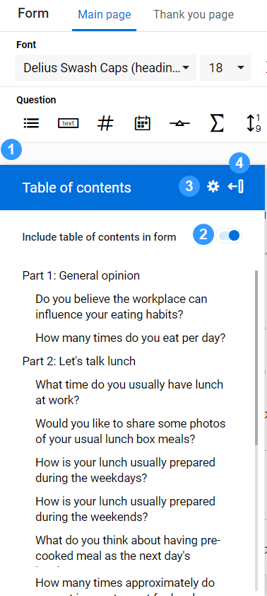Survey table of contents