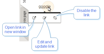 Select the inserted link or file to pop-up the action menu, inside of which there are three options: open link in a new window, edit and update the link, and disable the link.